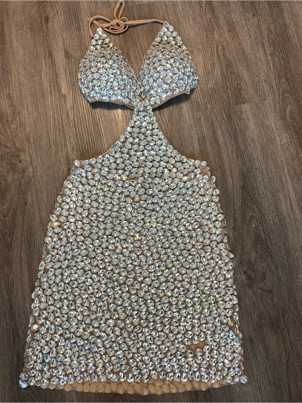 Crystal-Embellished Nude Mini Dress with Halter Neck